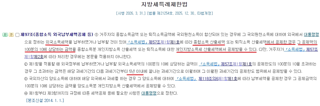 외국납부세액공제 종합소득 개인지방소득세 지방세특례제한법 제97조